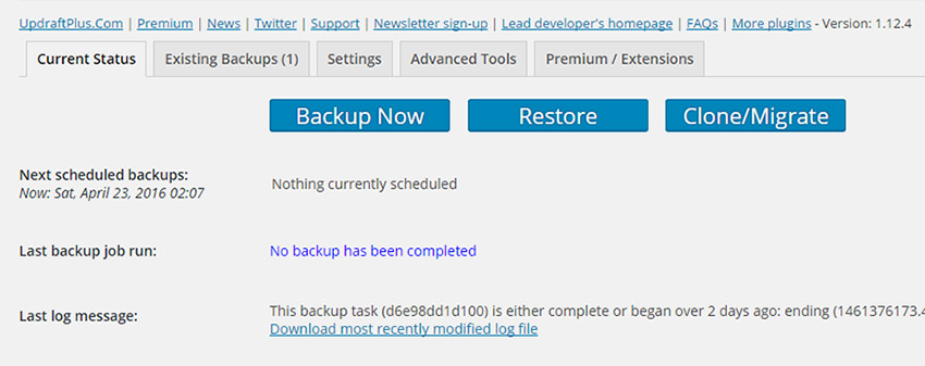 WordPress backup settings
