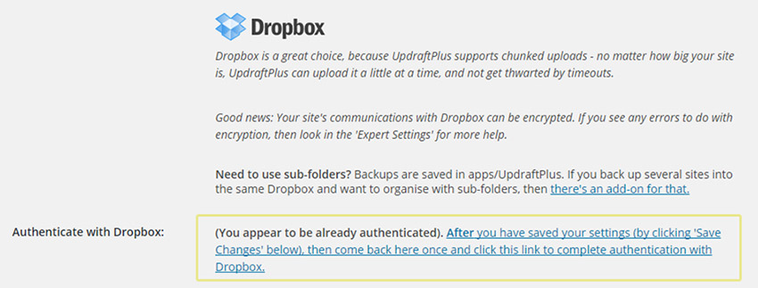 WordPress backup to dropbox