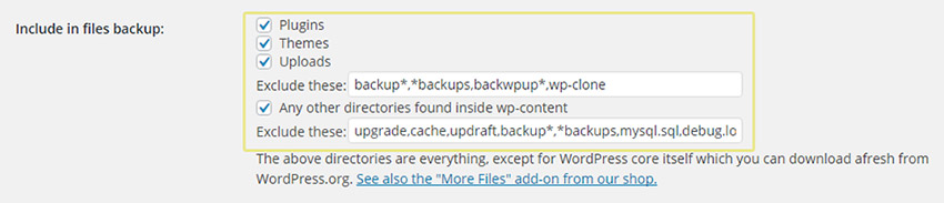 WordPress backup files to include