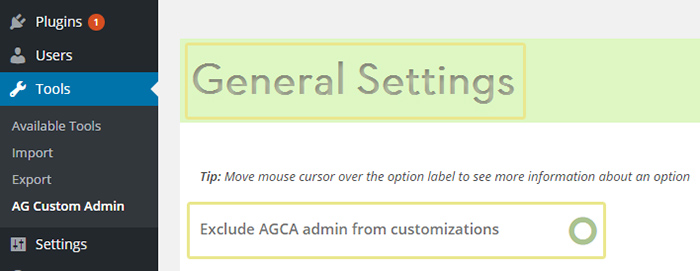 Ag Custom Admin general settings