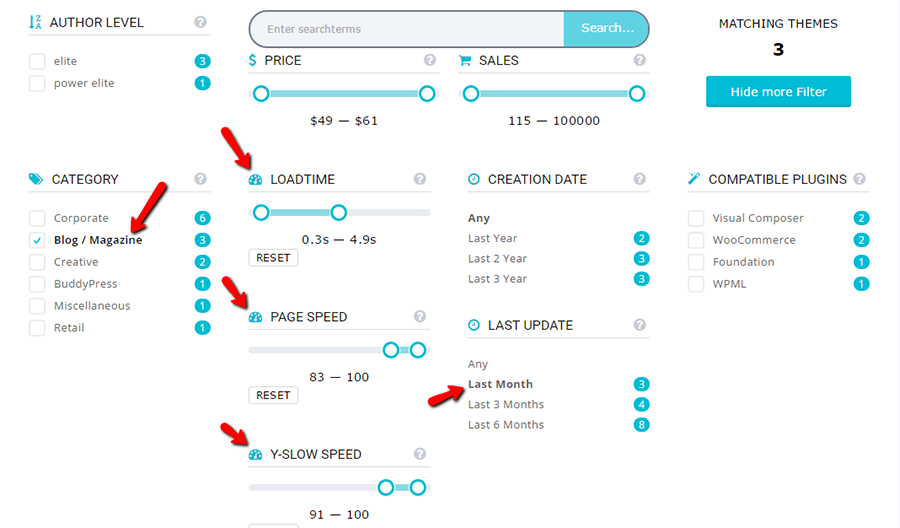 Theme finder tool showing available filter options