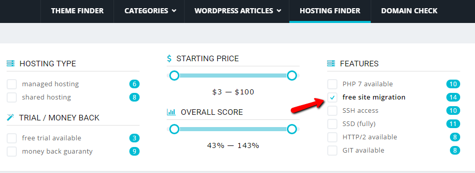 free site migration feature displayed in hosting finder