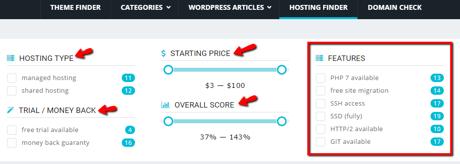 hosting finder tool showing available filter criteria
