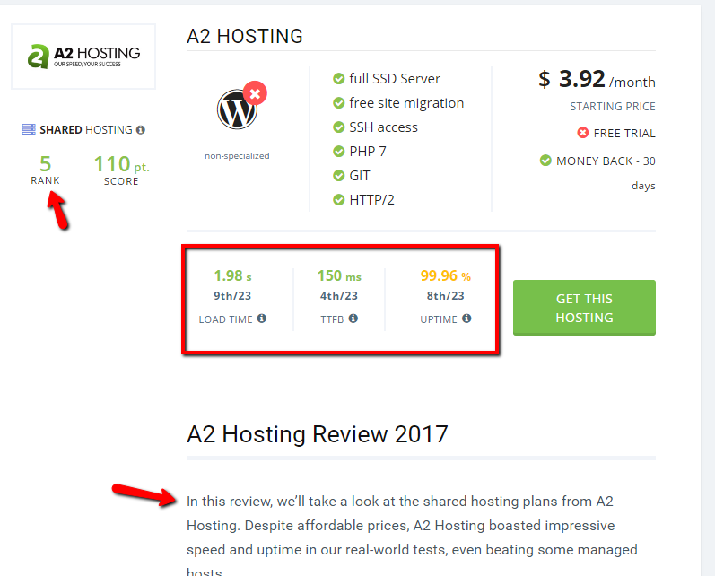webhosting details view showing the performance statistics and review