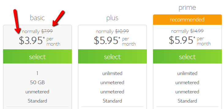 webhost showing a pricing table with promotional prices