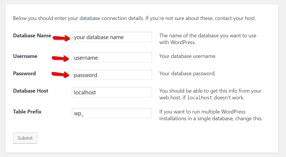 WordPress installation database connection