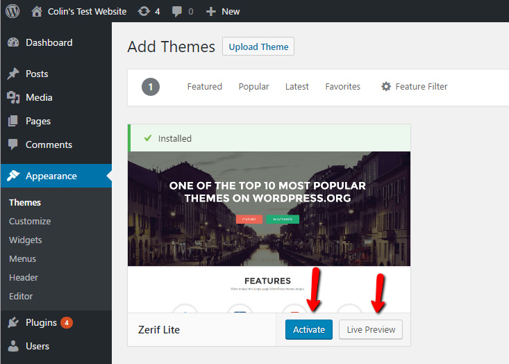 Activate the Zerif Lite WordPress theme