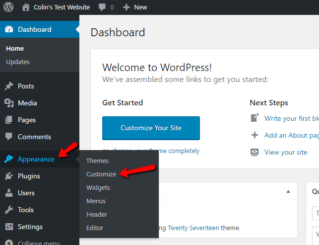 WordPress dashboard menu to open the Customizer
