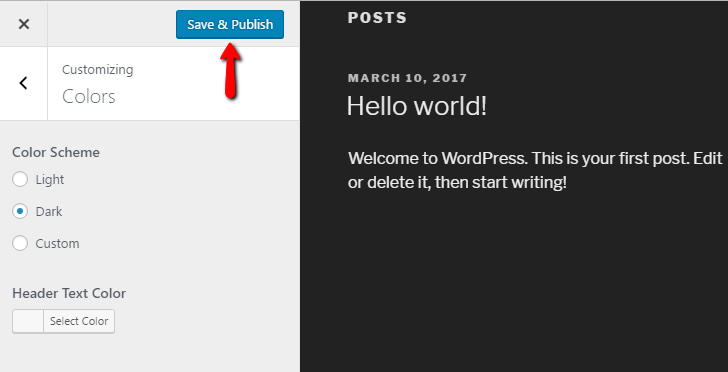 save and publish WordPress theme customizer changes