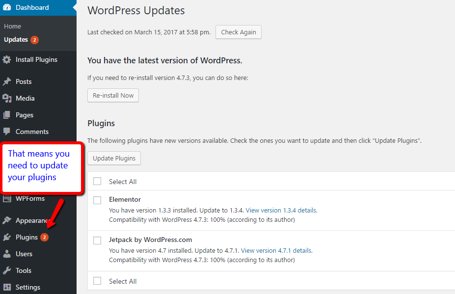 WordPress showing available updates for installed plugins