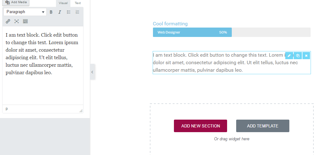 WordPress page builder example showing text formatting options
