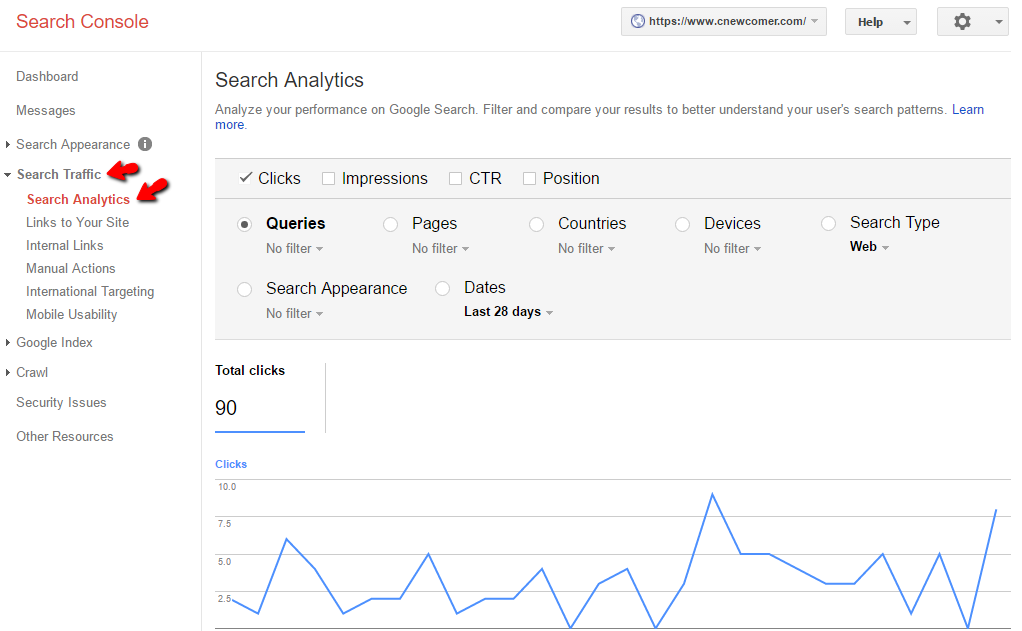 Google Search Console analytics showing click statistics