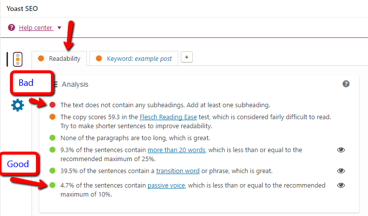 SEO plugin showing good and bad points and optimization tips