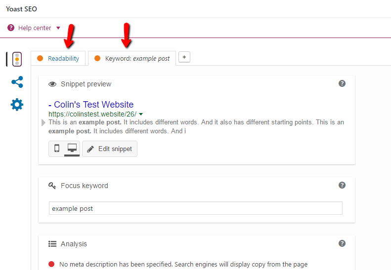 Yoast Seo WordPress plugin readability and keywords tab overview