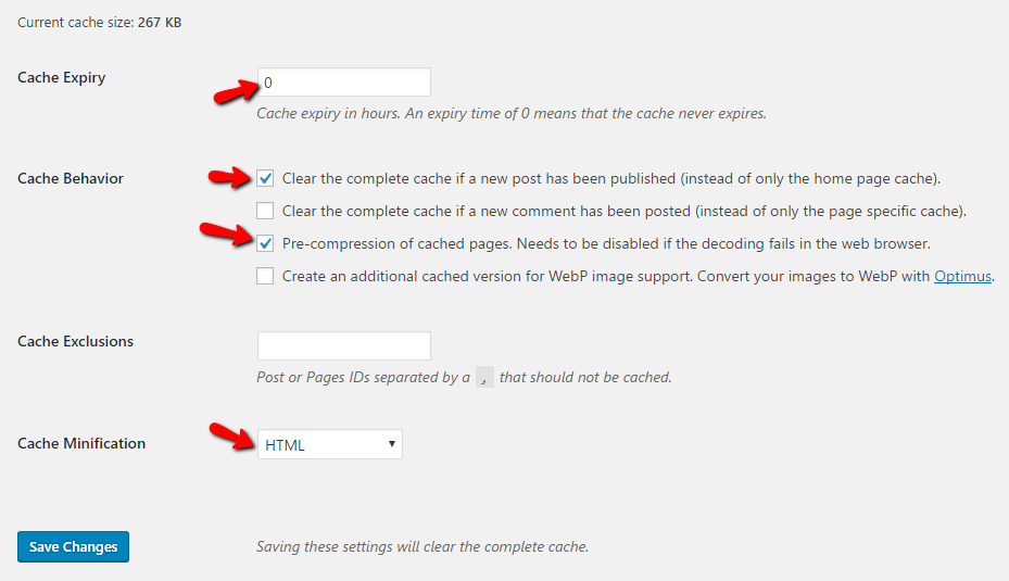 Cache enabler WordPress plugin configuration page