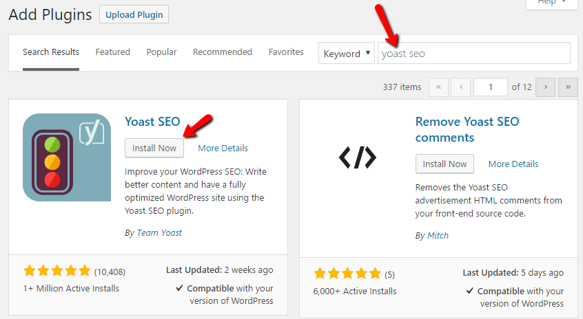 WordPress plugin installer showing search result for Yoast SEO